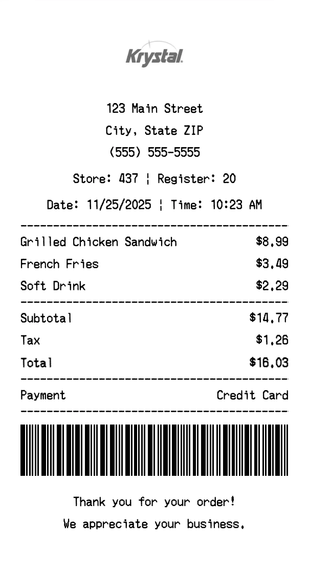 Krystal receipt template preview - Professional receipt maker example showing customizable format