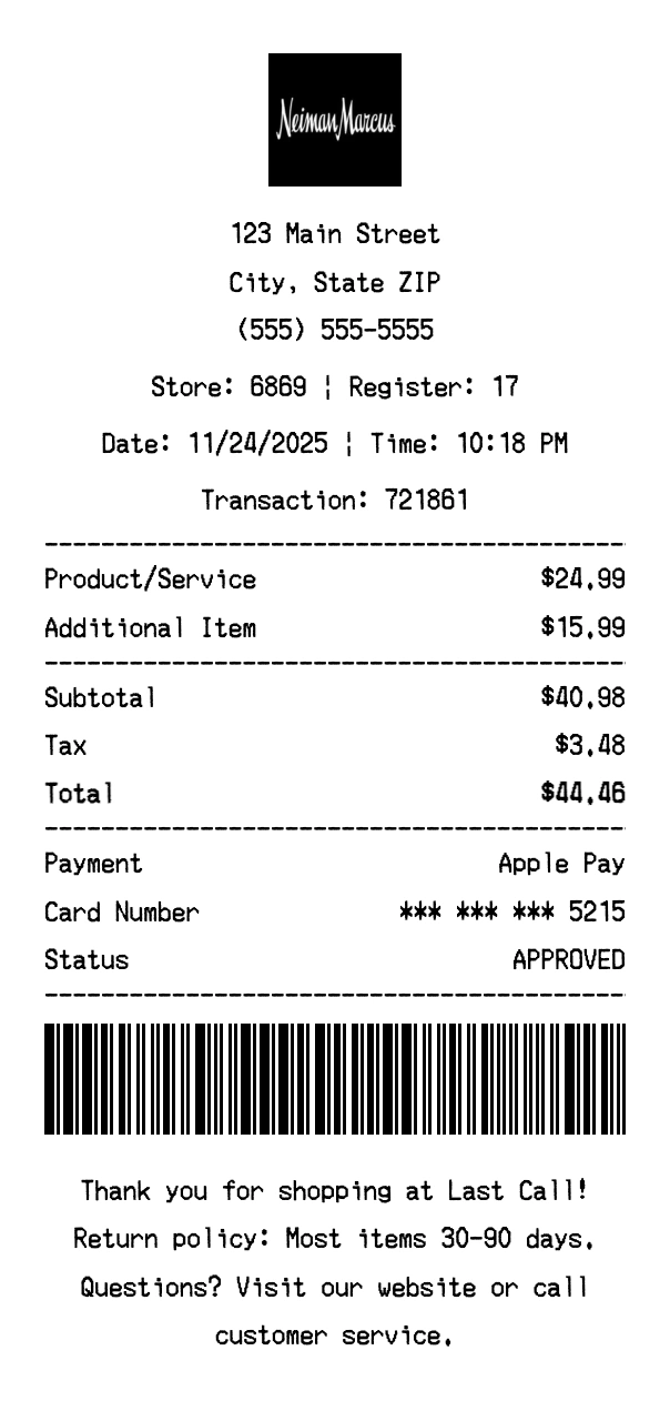 Last Call receipt template preview - Professional receipt maker example showing customizable format