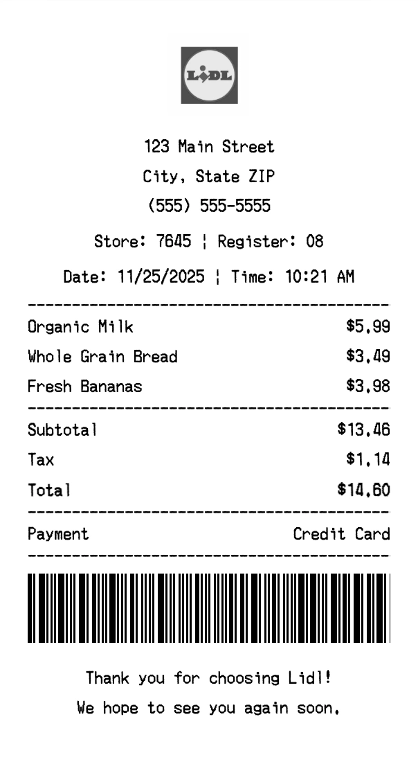 Lidl receipt template preview - Professional receipt maker example showing customizable format
