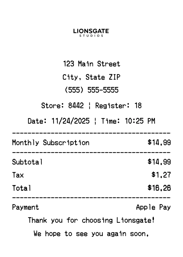 Lionsgate receipt template preview - Professional receipt maker example showing customizable format