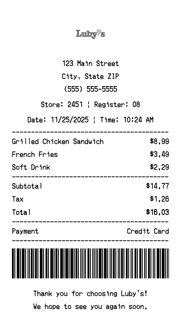 Luby's receipt template preview - Professional receipt maker example showing customizable format