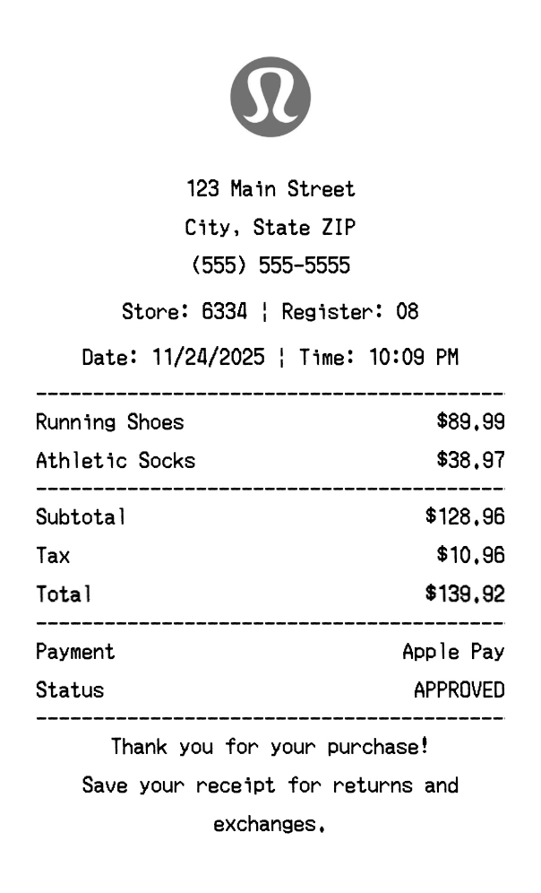 Lululemon receipt template preview - Professional receipt maker example showing customizable format