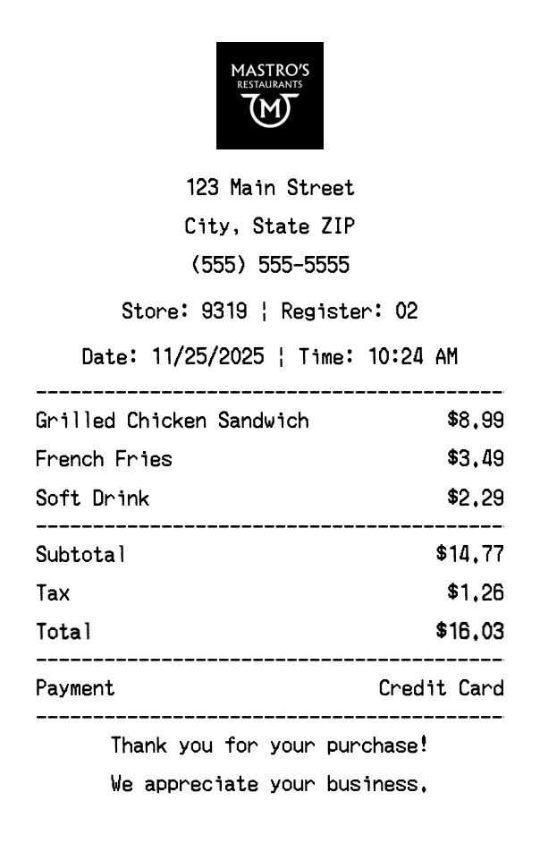 Mastros receipt template preview - Professional receipt maker example showing customizable format