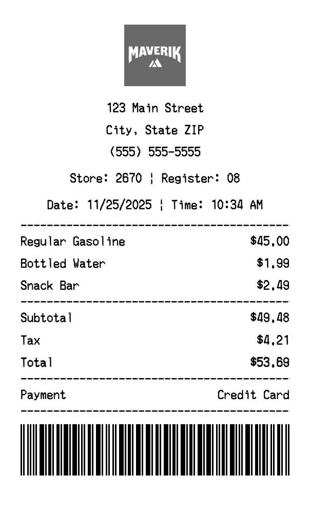 Maverik receipt template preview - Professional receipt maker example showing customizable format