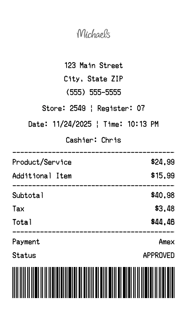 Michael's receipt template preview - Professional receipt maker example showing customizable format