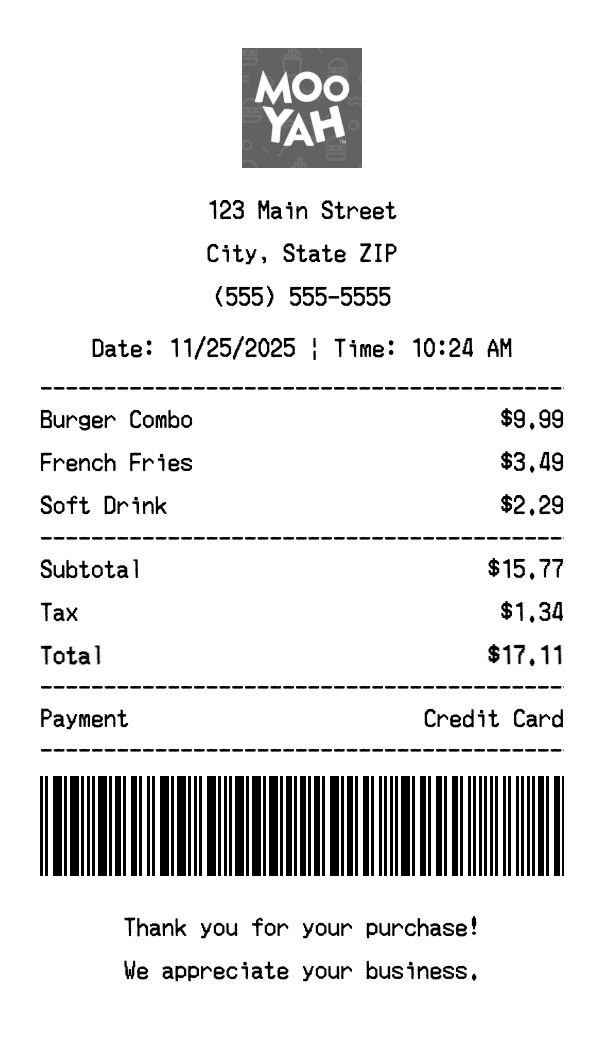 Mooyah receipt template preview - Professional receipt maker example showing customizable format