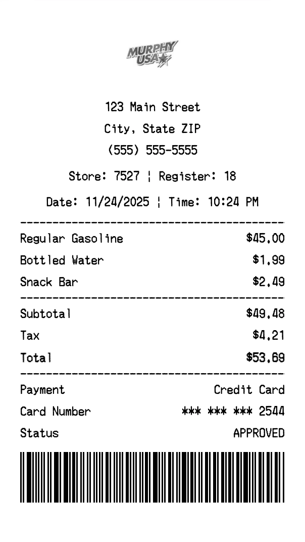 Murphy USA receipt template preview - Professional receipt maker example showing customizable format