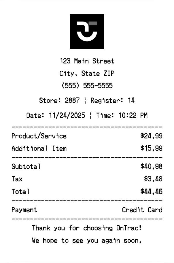 OnTrac receipt template preview - Professional receipt maker example showing customizable format