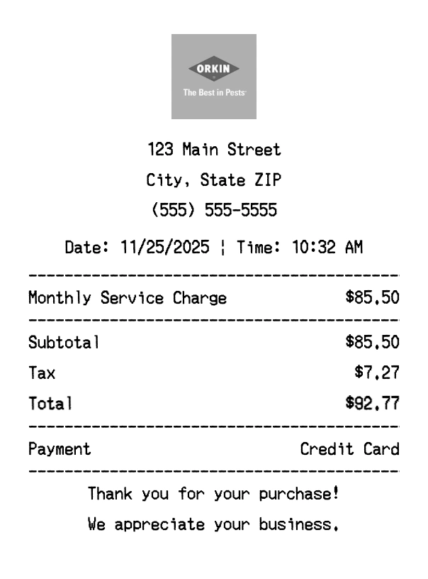 Orkin receipt template preview - Professional receipt maker example showing customizable format