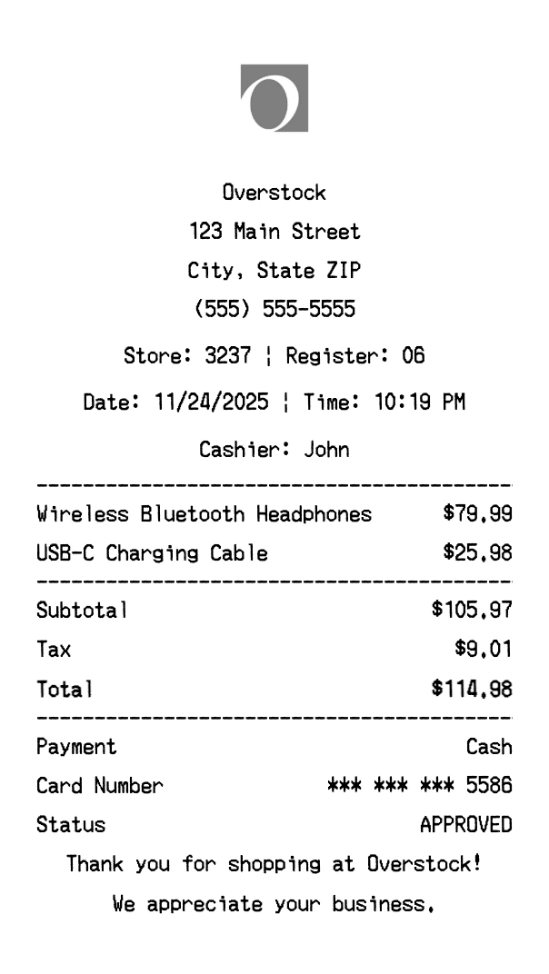 Overstock receipt template preview - Professional receipt maker example showing customizable format