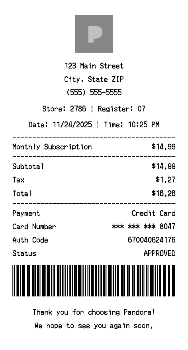 Pandora receipt template preview - Professional receipt maker example showing customizable format