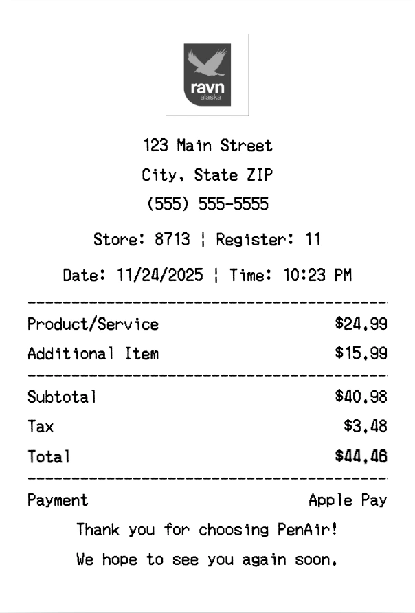 PenAir receipt template preview - Professional receipt maker example showing customizable format