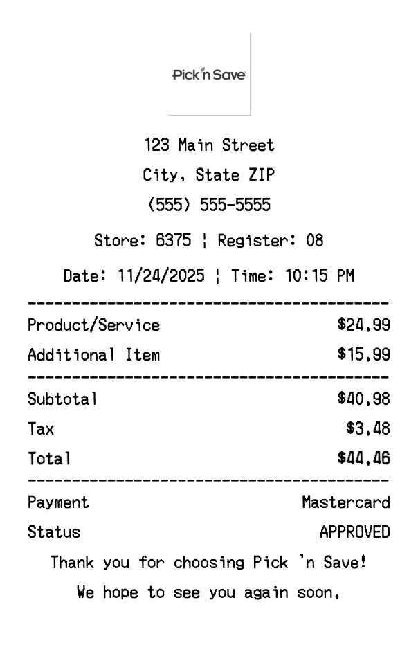 Pick 'n Save receipt template preview - Professional receipt maker example showing customizable format