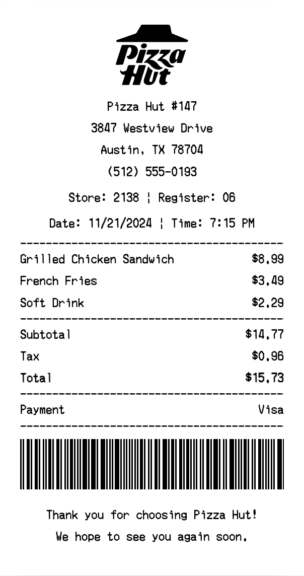 Pizza Hut receipt template preview