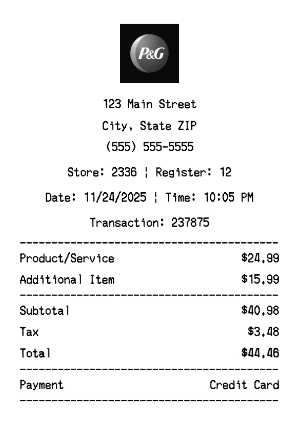 Procter & Gamble receipt template preview - Professional receipt maker example showing customizable format
