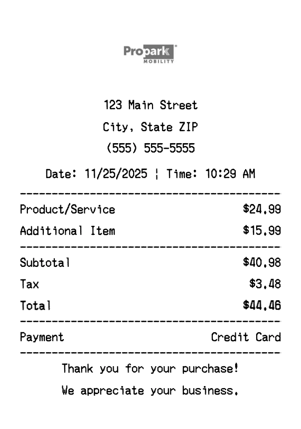 Propark Mobility receipt template preview - Professional receipt maker example showing customizable format