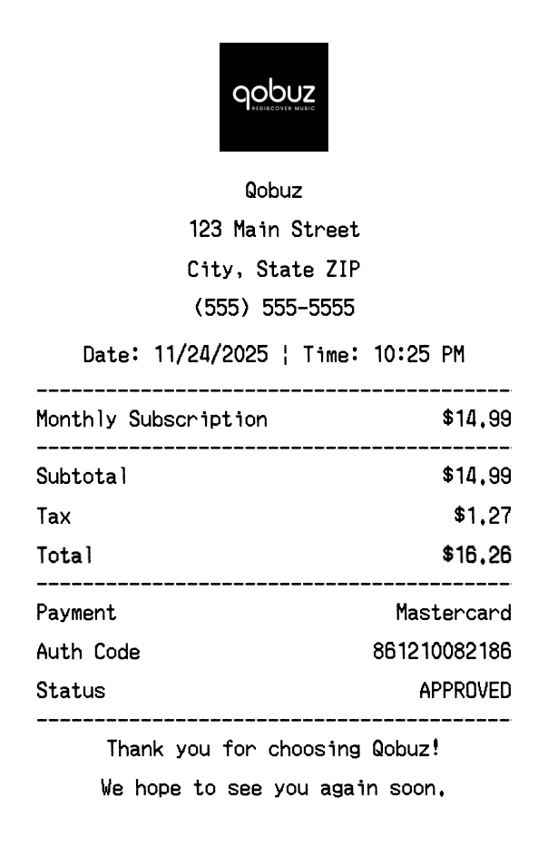 Qobuz receipt template preview - Professional receipt maker example showing customizable format