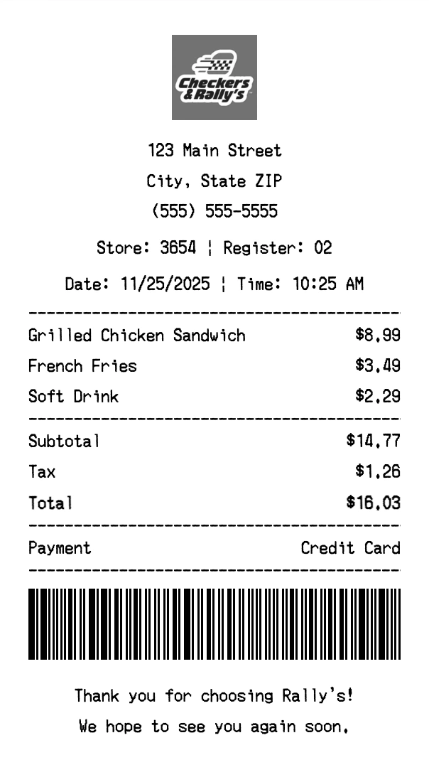 Rally's receipt template preview - Professional receipt maker example showing customizable format