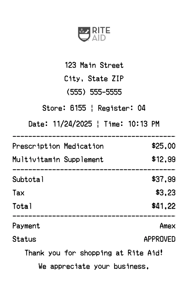 Rite Aid receipt template preview - Professional receipt maker example showing customizable format