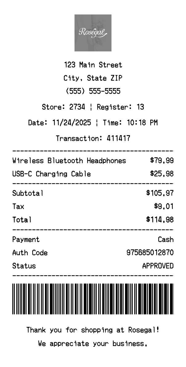 Rosegal receipt template preview - Professional receipt maker example showing customizable format