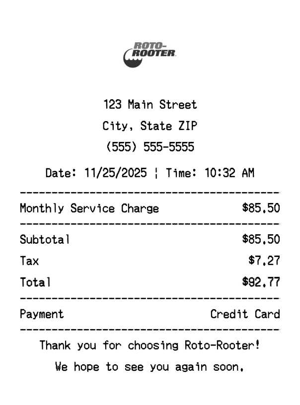 Roto-Rooter receipt template preview - Professional receipt maker example showing customizable format