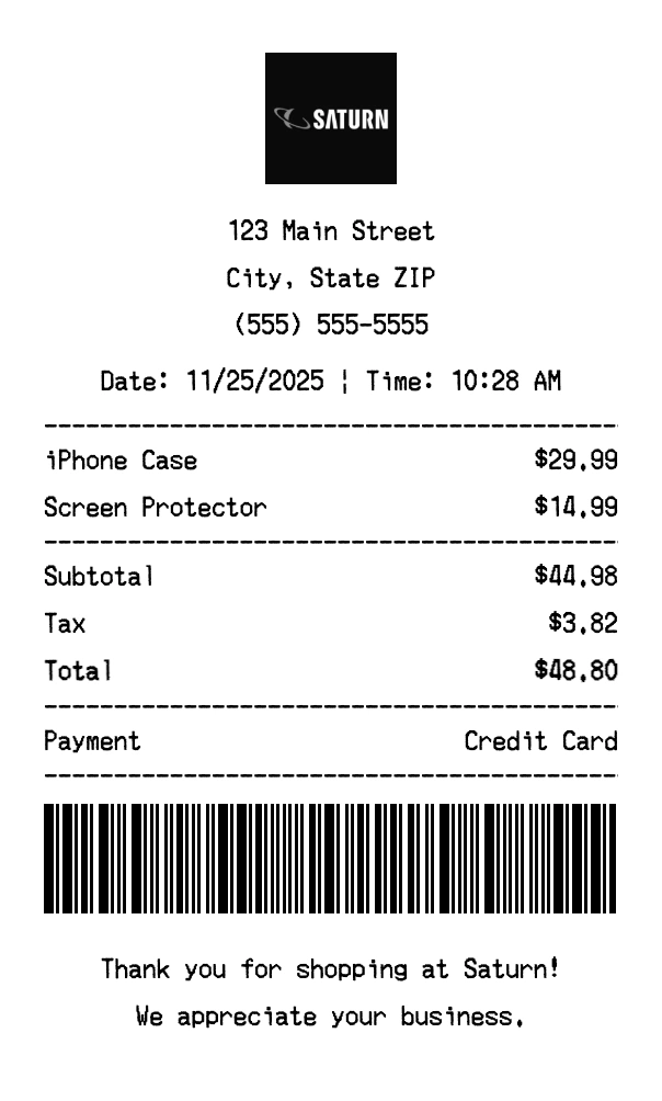 Saturn receipt template preview - Professional receipt maker example showing customizable format