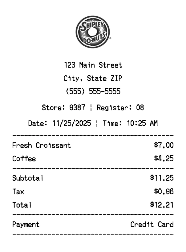 Shipley Do-Nuts receipt template preview - Professional receipt maker example showing customizable format
