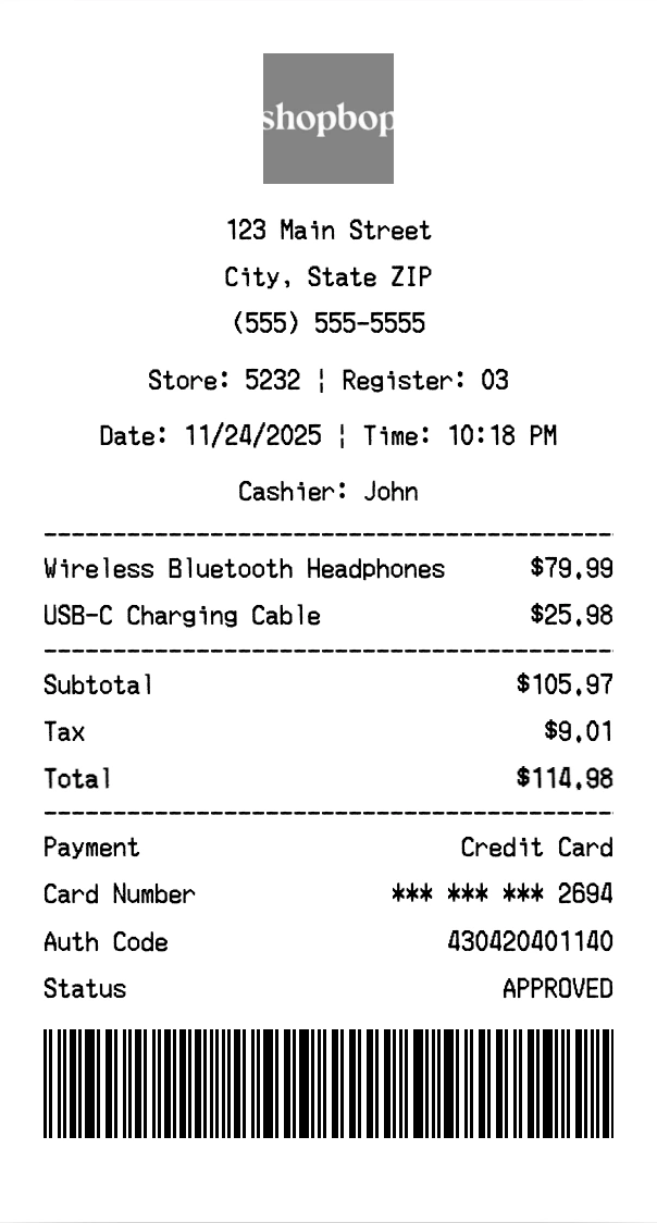 Shopbop receipt template preview - Professional receipt maker example showing customizable format