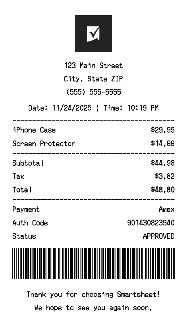 Smartsheet receipt template preview - Professional receipt maker example showing customizable format
