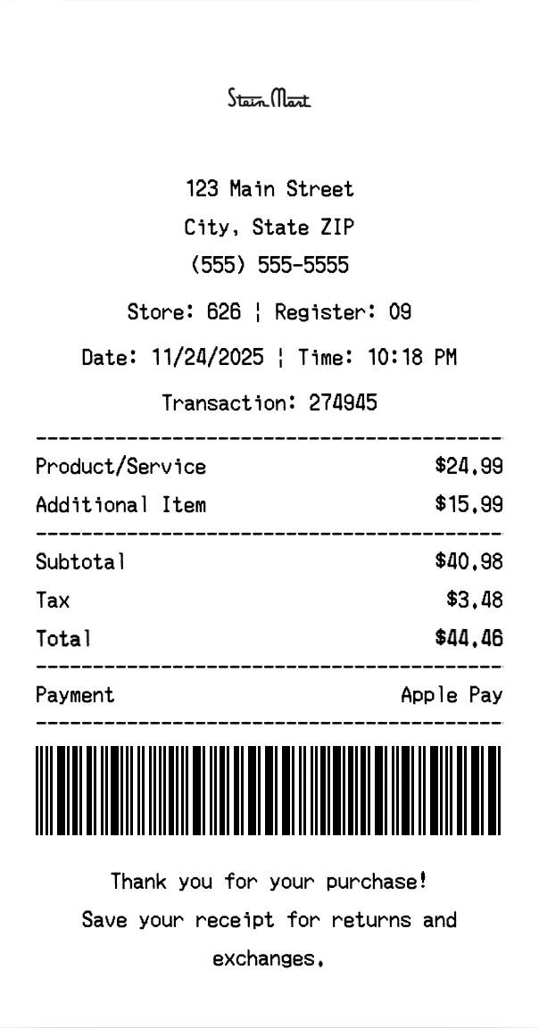 Stein Mart receipt template preview - Professional receipt maker example showing customizable format