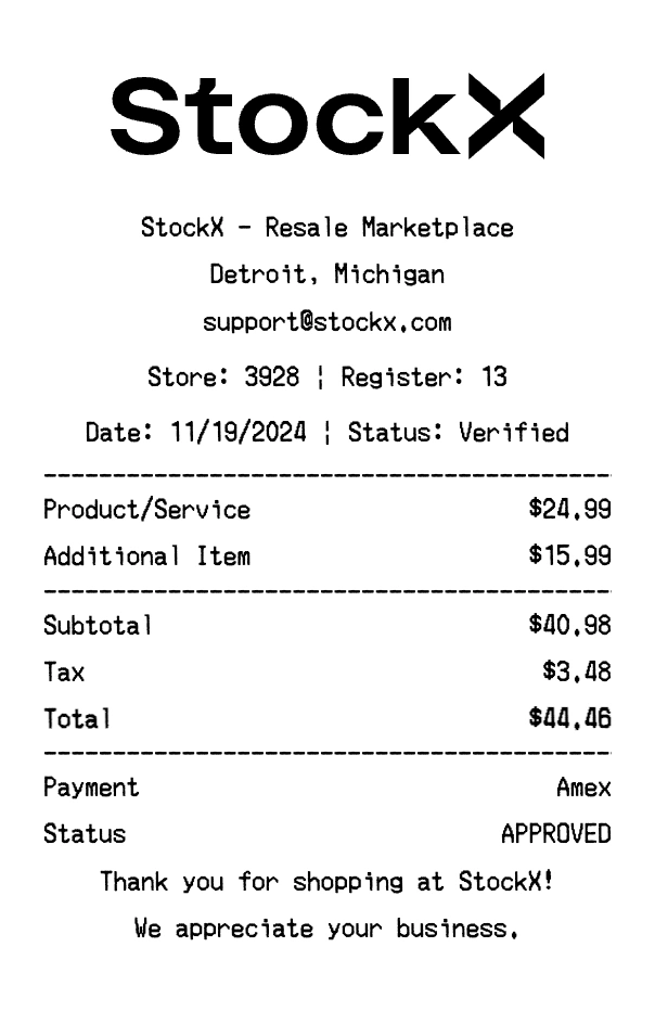 StockX receipt template preview - Professional receipt maker example showing customizable format