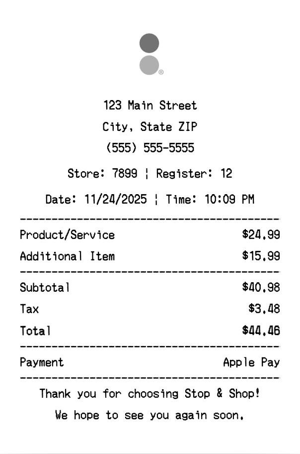 Stop & Shop receipt template preview - Professional receipt maker example showing customizable format
