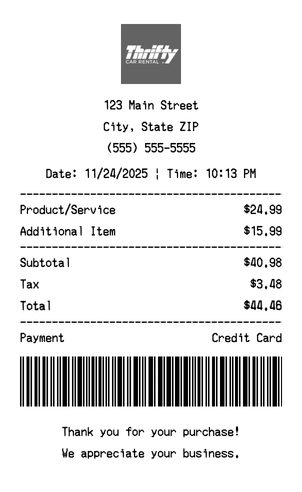 Thrifty receipt template preview - Professional receipt maker example showing customizable format