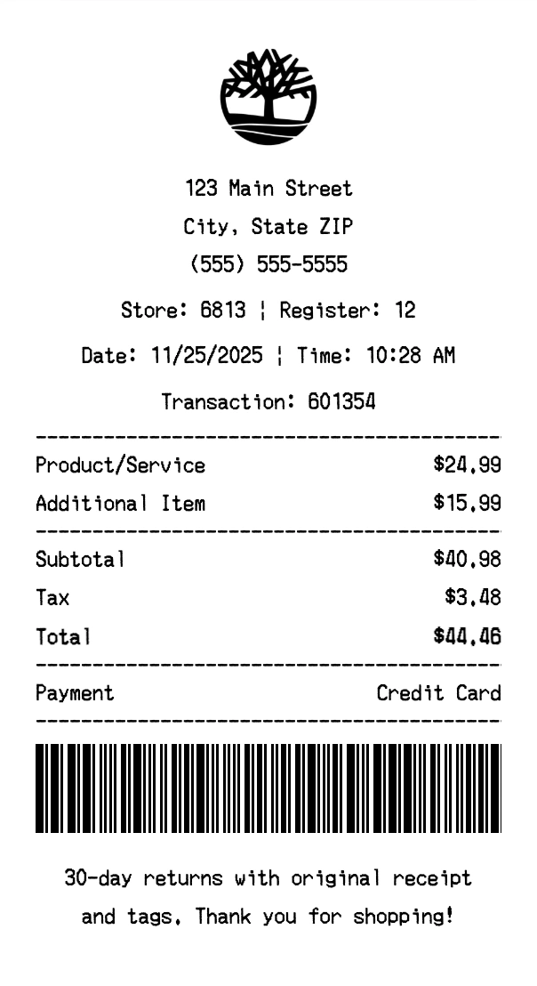 Timberland receipt template preview - Professional receipt maker example showing customizable format