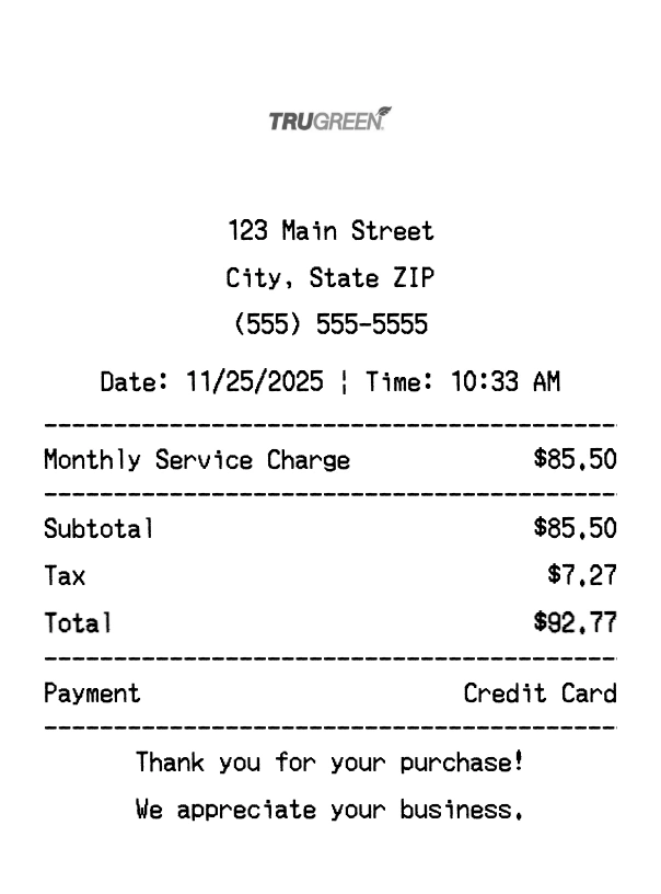 Trugreen receipt template preview - Professional receipt maker example showing customizable format