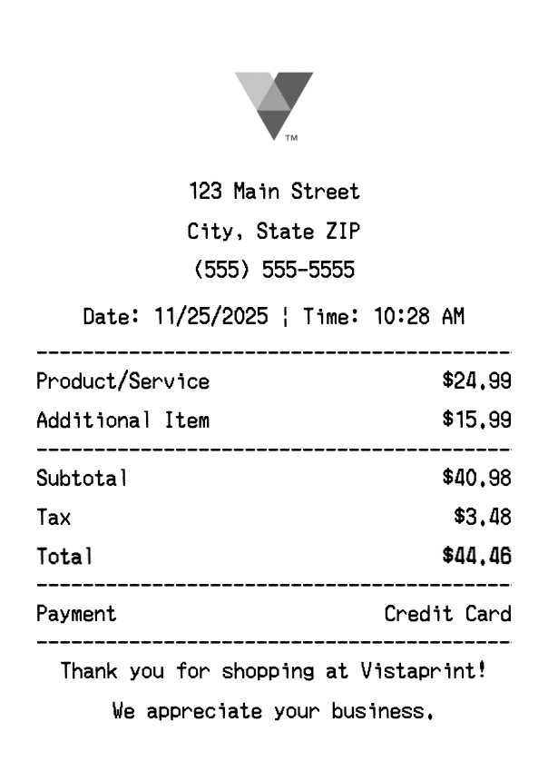 Vistaprint receipt template preview - Professional receipt maker example showing customizable format