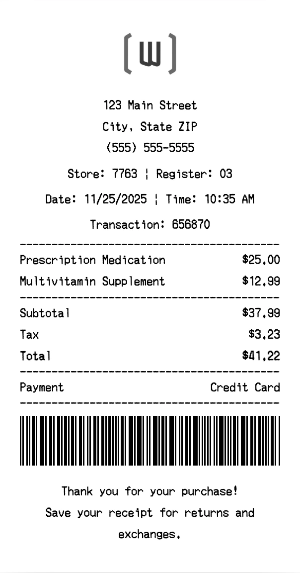 Watsons receipt template preview - Professional receipt maker example showing customizable format