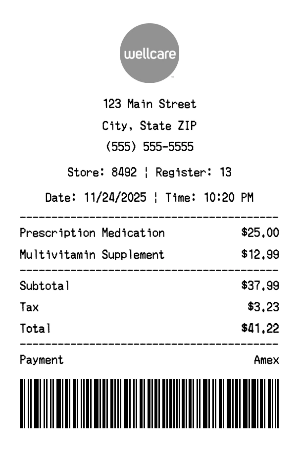 WellCare receipt template preview - Professional receipt maker example showing customizable format