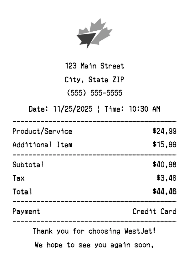WestJet receipt template preview - Professional receipt maker example showing customizable format