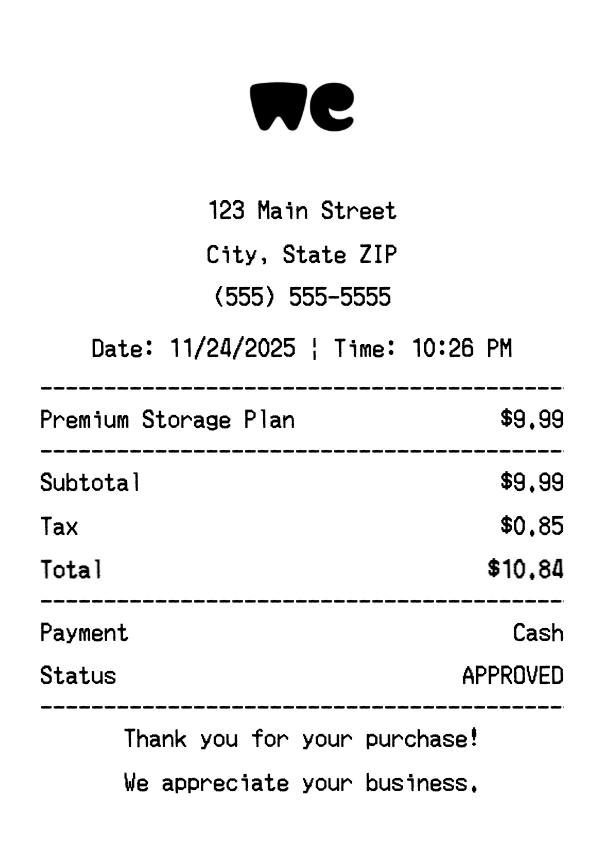 WeTransfer receipt template preview - Professional receipt maker example showing customizable format