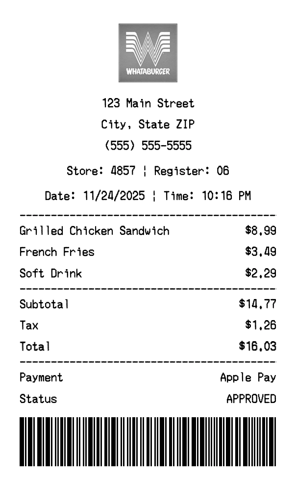 Whataburger receipt template preview - Professional receipt maker example showing customizable format
