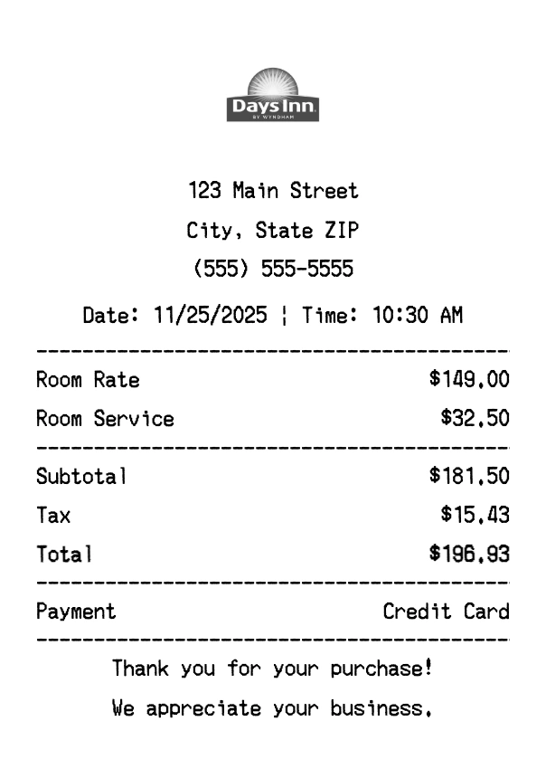 Wyndham receipt template preview - Professional receipt maker example showing customizable format