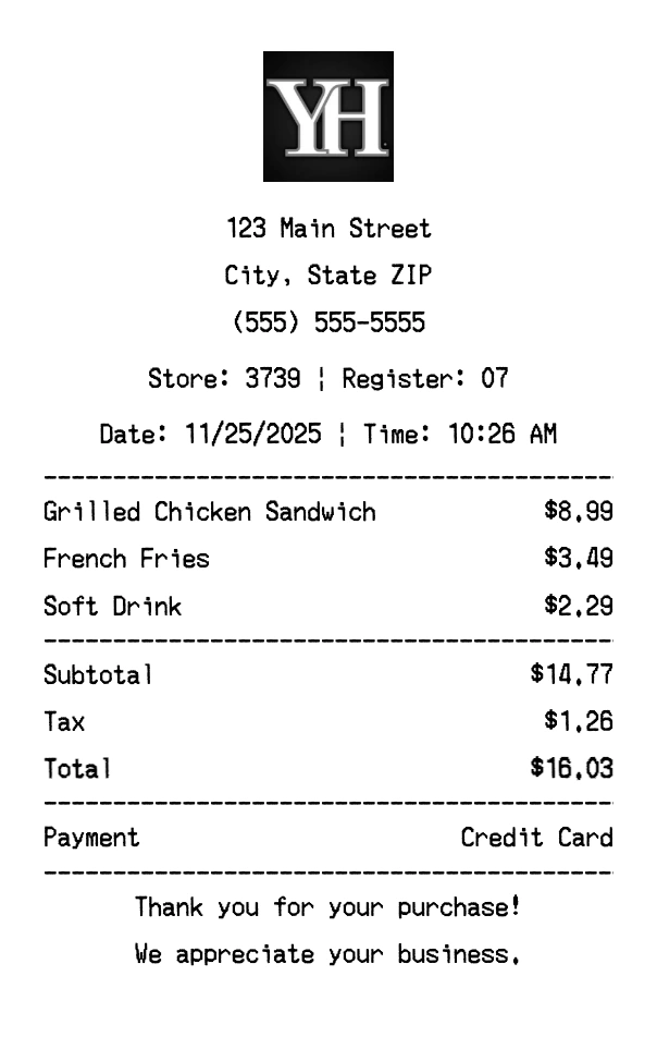 Yard House receipt template preview - Professional receipt maker example showing customizable format